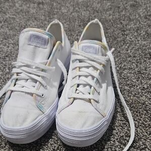 Keds White Canvas Sneakers with Pastel Rainbow Trim